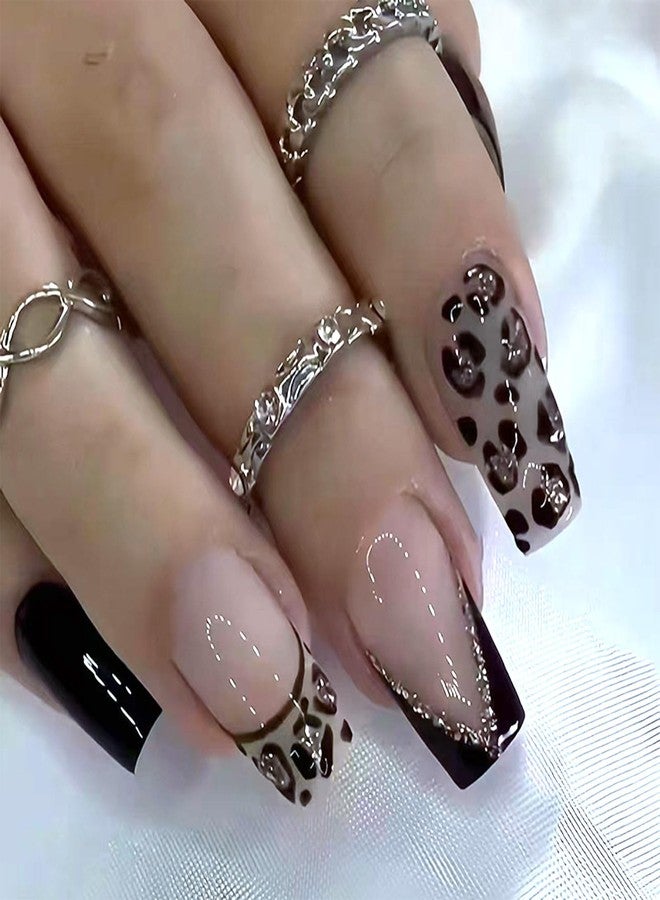 SINHOT Press on Nails - Short Square Fake Nails, Glossy Finish, Black French Tip & Cheetah, DIY Artificial False Nail Art - 24 Pcs Nail Kit with Glue - Image 1